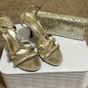 Kelly & Katie, woman’s size 7, gold heels & matching clutch